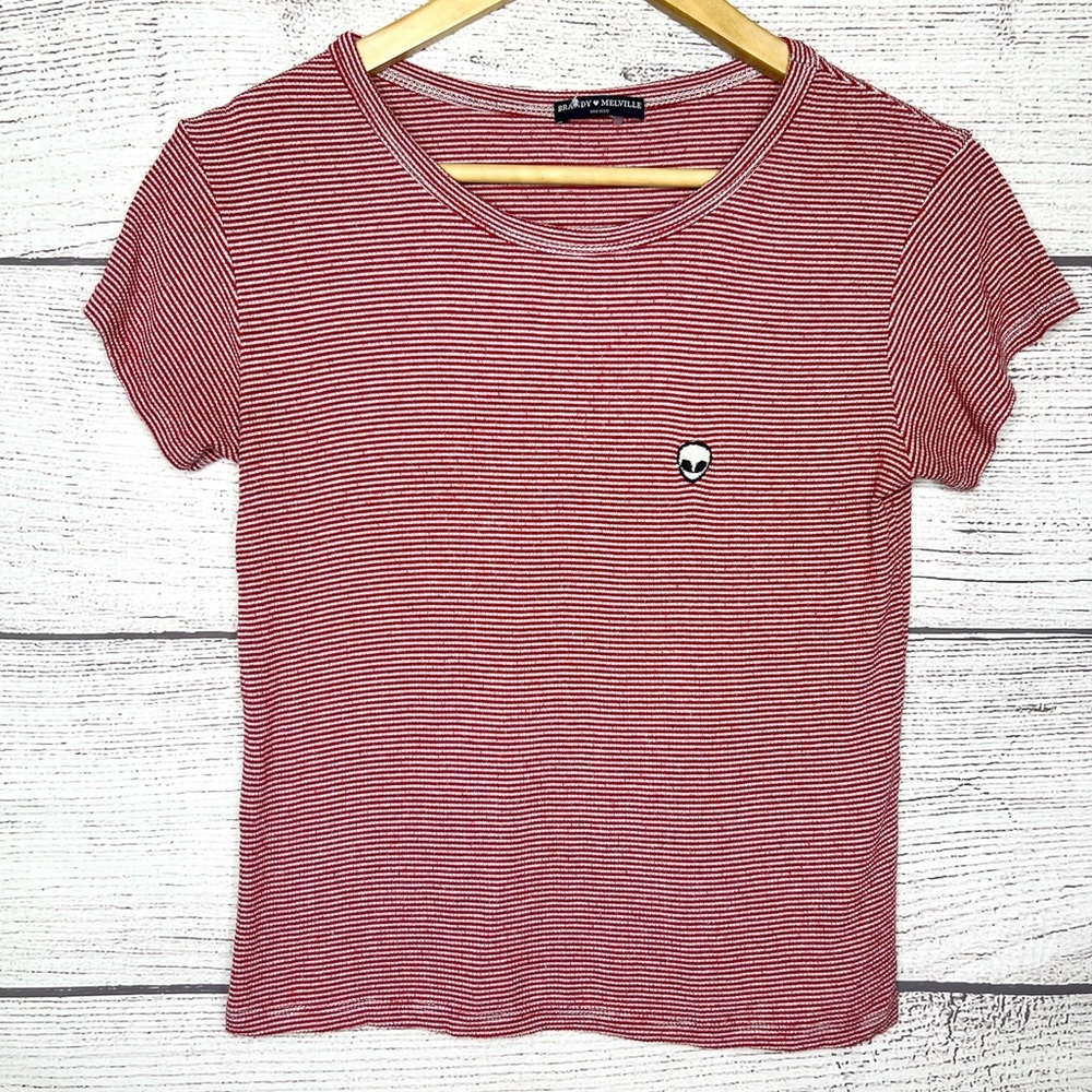 Brandy Melville Red & White Striped Alien Tee One Size Stretch Cropped Casual